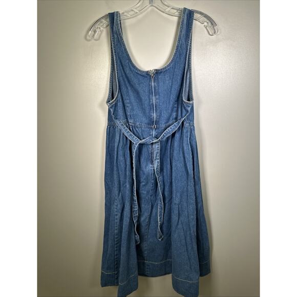 VTG Avocado Denim Dress 12 Tie Back Waist Blue‎ 90s Y2K Cottagecore Square Neck - Picture 2 of 7